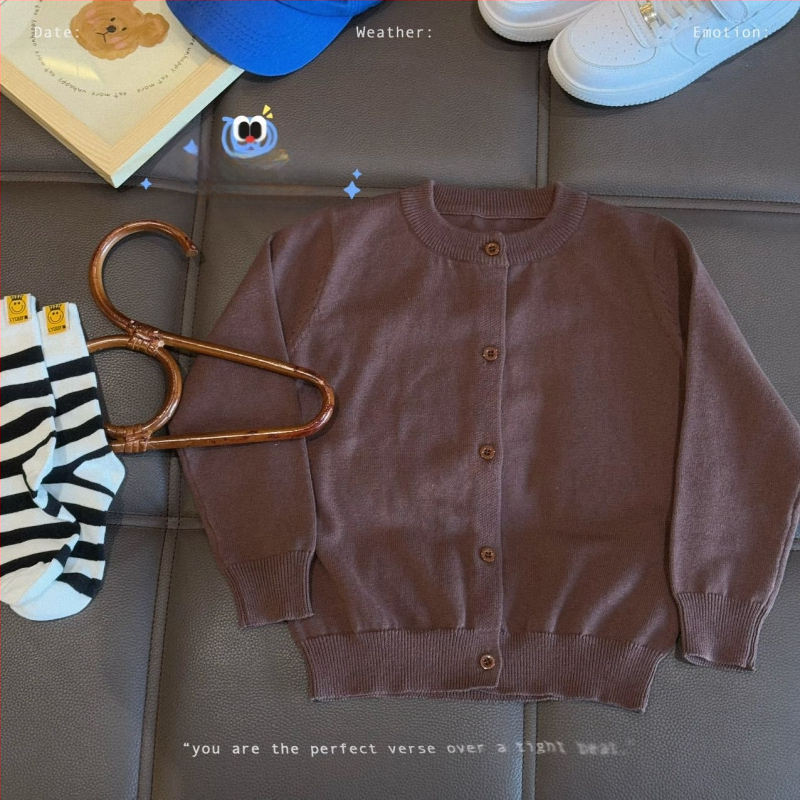 Vaikų medvilninis megztinis kardiganas, 100% medvilnė, megztas audinys, apvalus kaklas, ilgomis rankovėmis