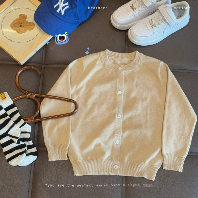 Vaikų medvilninis megztinis kardiganas, 100% medvilnė, megztas audinys, apvalus kaklas, ilgomis rankovėmis