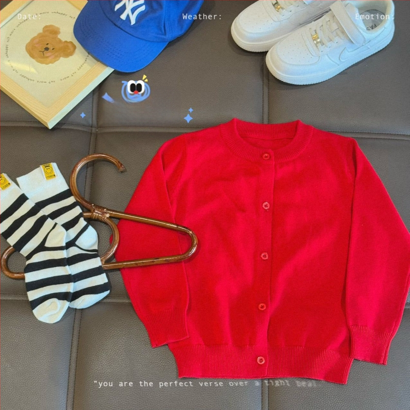 Vaikų medvilninis megztinis kardiganas, 100% medvilnė, megztas audinys, apvalus kaklas, ilgomis rankovėmis