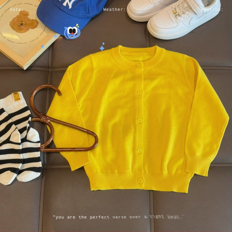 Vaikų medvilninis megztinis kardiganas, 100% medvilnė, megztas audinys, apvalus kaklas, ilgomis rankovėmis