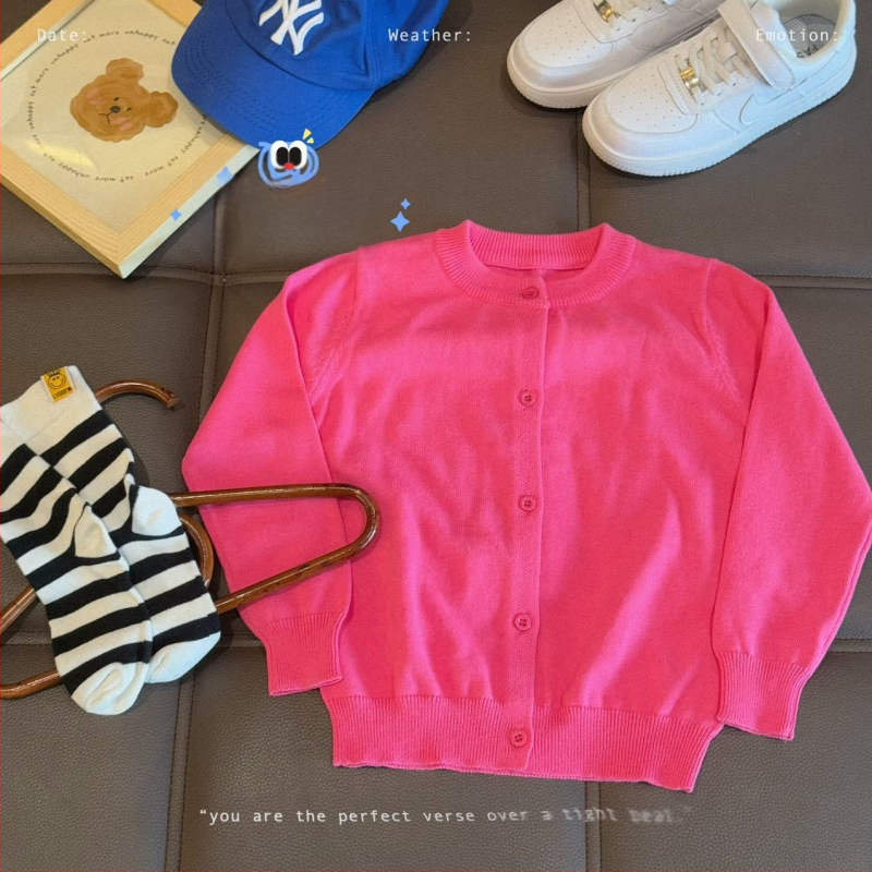 Vaikų medvilninis megztinis kardiganas, 100% medvilnė, megztas audinys, apvalus kaklas, ilgomis rankovėmis