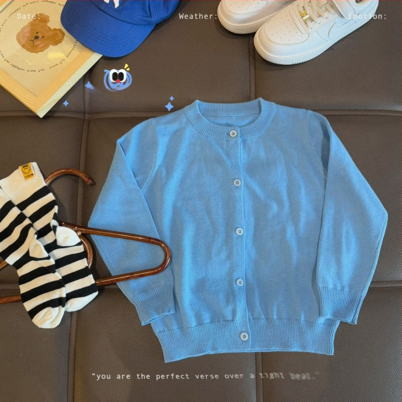 Vaikų medvilninis megztinis kardiganas, 100% medvilnė, megztas audinys, apvalus kaklas, ilgomis rankovėmis