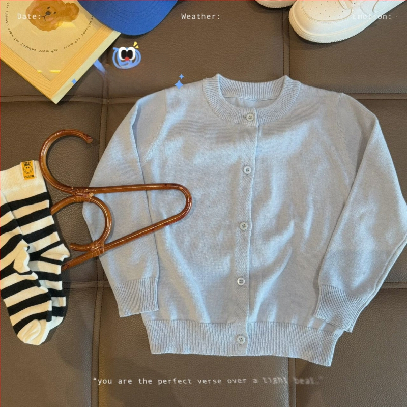 Vaikų medvilninis megztinis kardiganas, 100% medvilnė, megztas audinys, apvalus kaklas, ilgomis rankovėmis