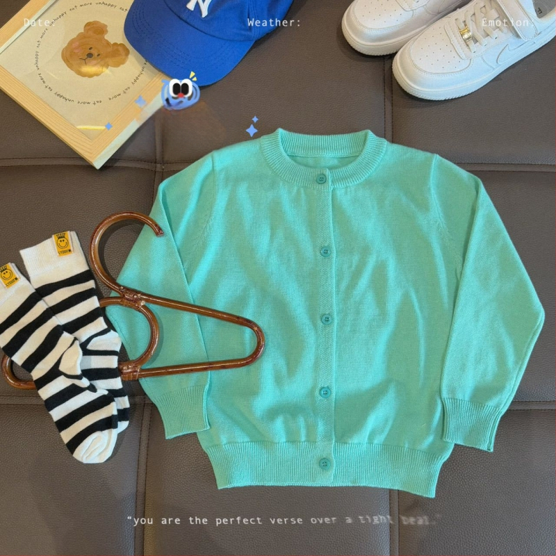 Vaikų medvilninis megztinis kardiganas, 100% medvilnė, megztas audinys, apvalus kaklas, ilgomis rankovėmis