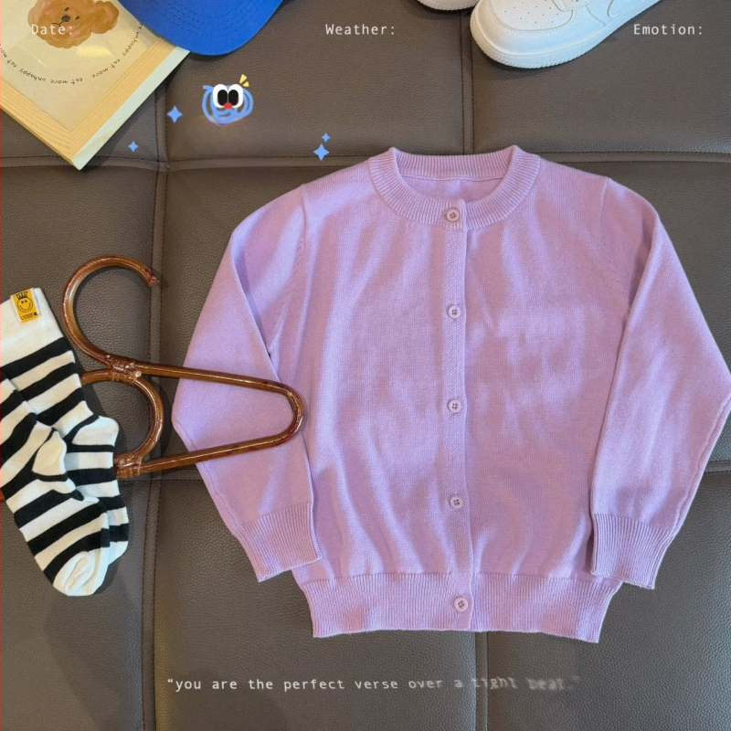 Vaikų medvilninis megztinis kardiganas, 100% medvilnė, megztas audinys, apvalus kaklas, ilgomis rankovėmis