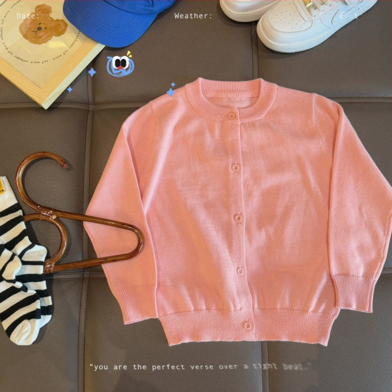 Vaikų medvilninis megztinis kardiganas, 100% medvilnė, megztas audinys, apvalus kaklas, ilgomis rankovėmis