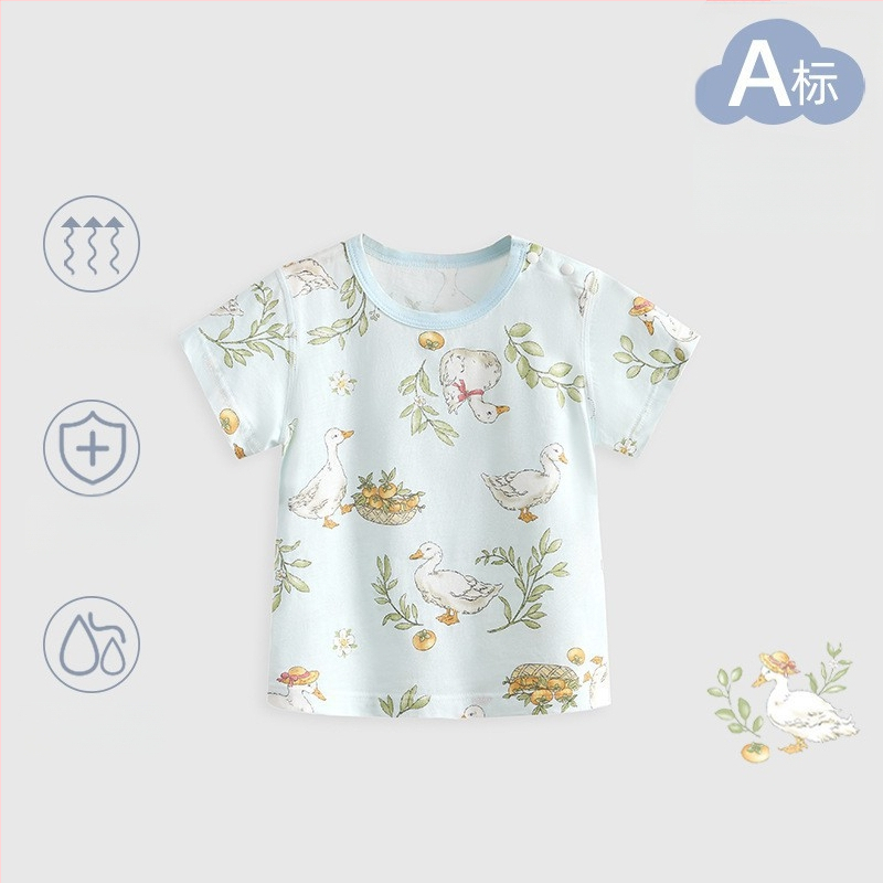 Kūdikių medvilniniai trumpomis rankovėmis marškinėliai (animacinis raštas, 100% medvilnė, apvali kaklo linija, tinkama naujagimiams 0–1 metų)