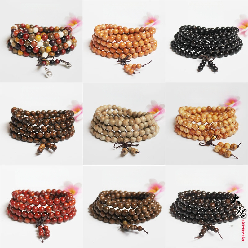 108 gyöngyös fa karkötő, kör alakú gyöngyök, klasszikus stílus, polírozott felület