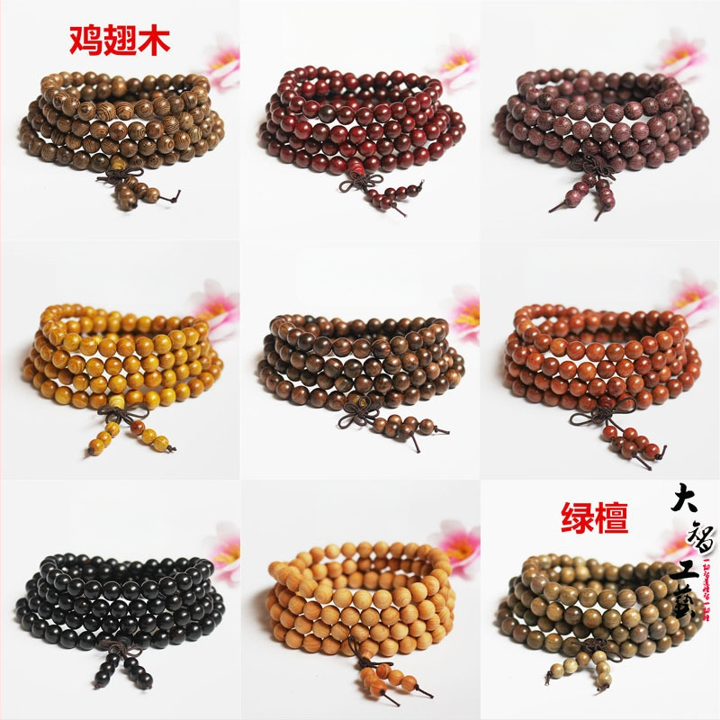 108 gyöngyös fa karkötő, kör alakú gyöngyök, klasszikus stílus, polírozott felület