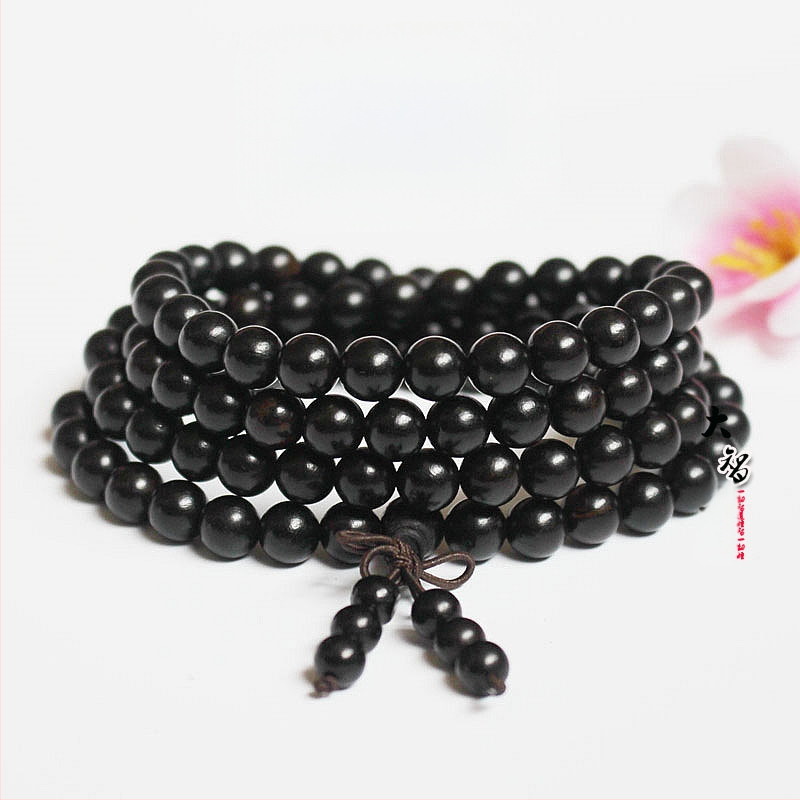 108 gyöngyös fa karkötő, kör alakú gyöngyök, klasszikus stílus, polírozott felület