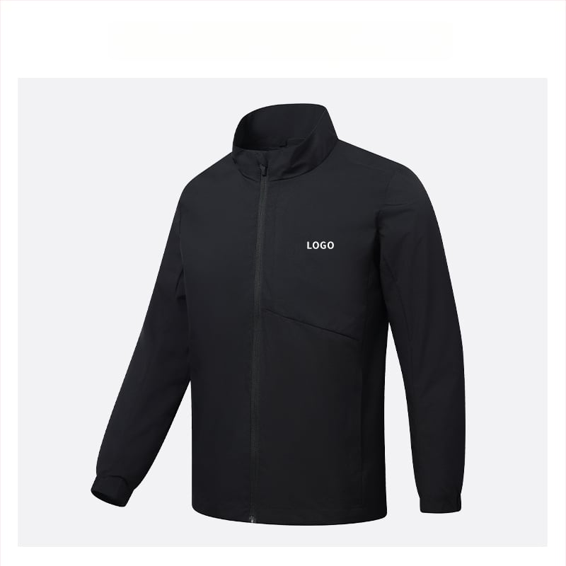 Geacă cu guler înalt, logo brodat personalizat, 100% poliester, respirabil și rezistent la apă, lungime medie, buzunare cu fermoar, haină de exterior pentru bărbați, toamnă