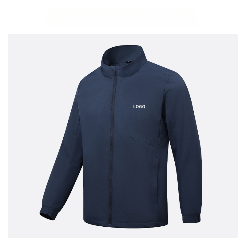 Geacă cu guler înalt, logo brodat personalizat, 100% poliester, respirabil și rezistent la apă, lungime medie, buzunare cu fermoar, haină de exterior pentru bărbați, toamnă