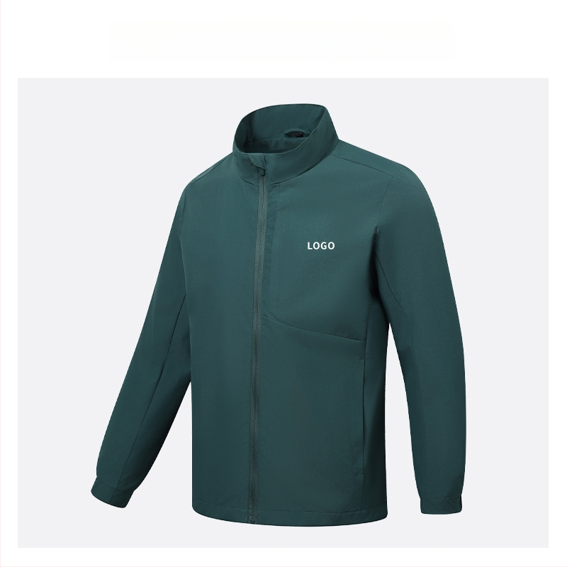 Geacă cu guler înalt, logo brodat personalizat, 100% poliester, respirabil și rezistent la apă, lungime medie, buzunare cu fermoar, haină de exterior pentru bărbați, toamnă