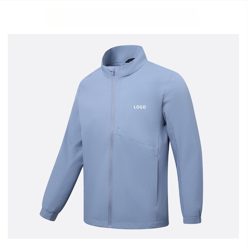 Geacă cu guler înalt, logo brodat personalizat, 100% poliester, respirabil și rezistent la apă, lungime medie, buzunare cu fermoar, haină de exterior pentru bărbați, toamnă