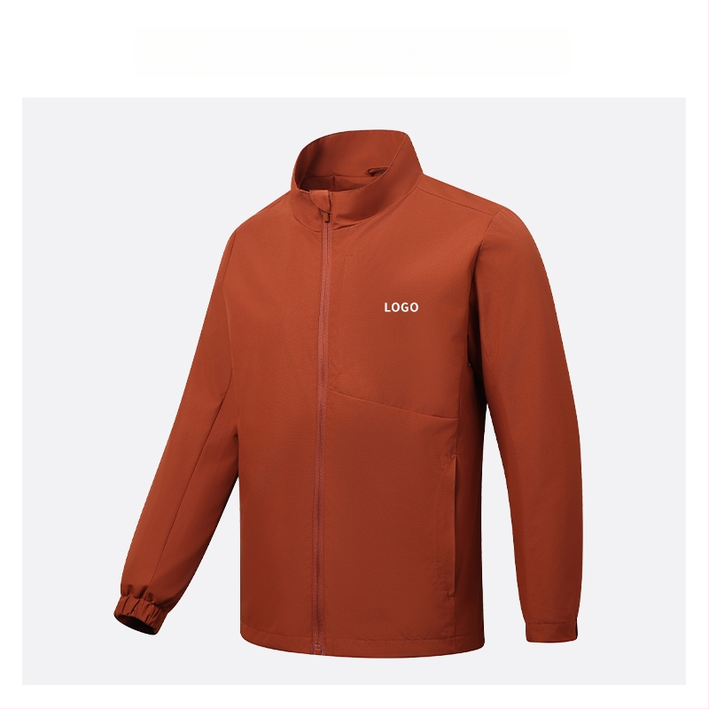 Geacă cu guler înalt, logo brodat personalizat, 100% poliester, respirabil și rezistent la apă, lungime medie, buzunare cu fermoar, haină de exterior pentru bărbați, toamnă