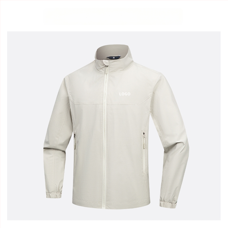 Geacă cu guler înalt, logo brodat personalizat, 100% poliester, respirabil și rezistent la apă, lungime medie, buzunare cu fermoar, haină de exterior pentru bărbați, toamnă