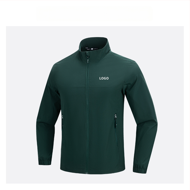 Geacă cu guler înalt, logo brodat personalizat, 100% poliester, respirabil și rezistent la apă, lungime medie, buzunare cu fermoar, haină de exterior pentru bărbați, toamnă