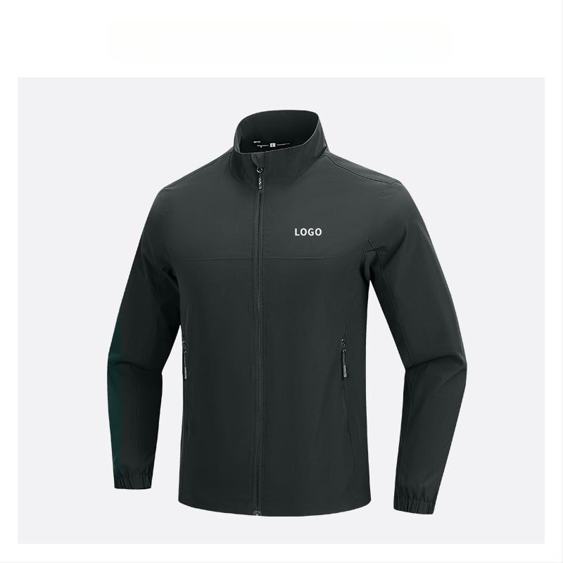 Geacă cu guler înalt, logo brodat personalizat, 100% poliester, respirabil și rezistent la apă, lungime medie, buzunare cu fermoar, haină de exterior pentru bărbați, toamnă