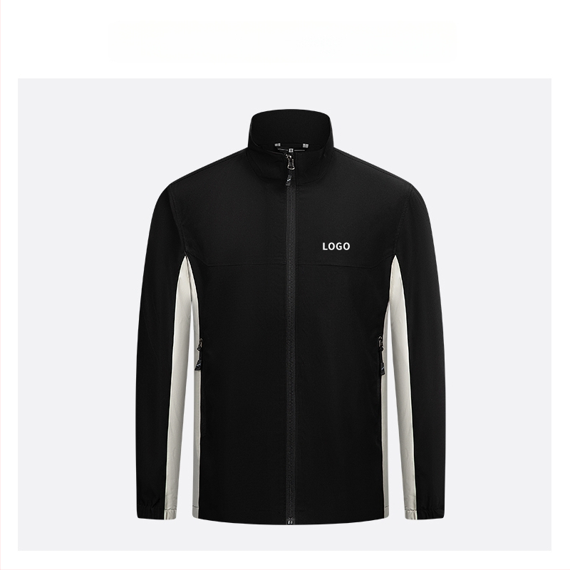 Geacă cu guler înalt, logo brodat personalizat, 100% poliester, respirabil și rezistent la apă, lungime medie, buzunare cu fermoar, haină de exterior pentru bărbați, toamnă