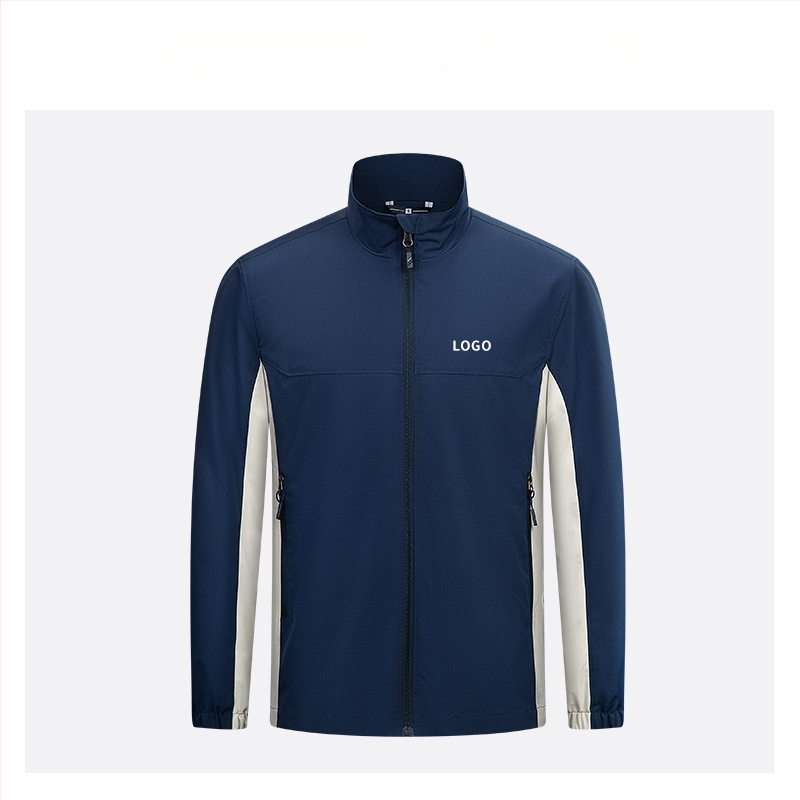 Geacă cu guler înalt, logo brodat personalizat, 100% poliester, respirabil și rezistent la apă, lungime medie, buzunare cu fermoar, haină de exterior pentru bărbați, toamnă