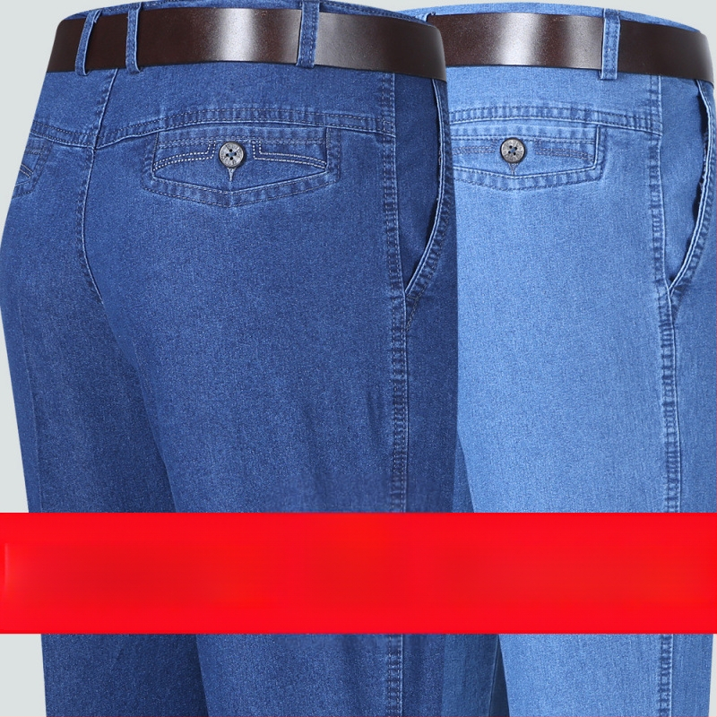 Rudens džinsi vecākiem vīriešiem, brīvs taisnais piegriezums, augsta josta, fleece odere, elastīgs materiāls