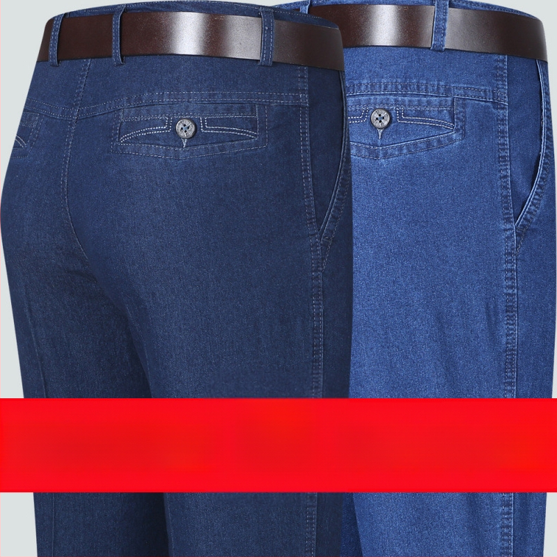 Rudens džinsi vecākiem vīriešiem, brīvs taisnais piegriezums, augsta josta, fleece odere, elastīgs materiāls