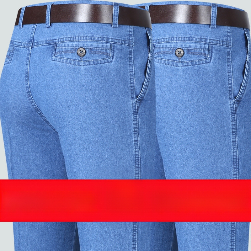 Rudens džinsi vecākiem vīriešiem, brīvs taisnais piegriezums, augsta josta, fleece odere, elastīgs materiāls