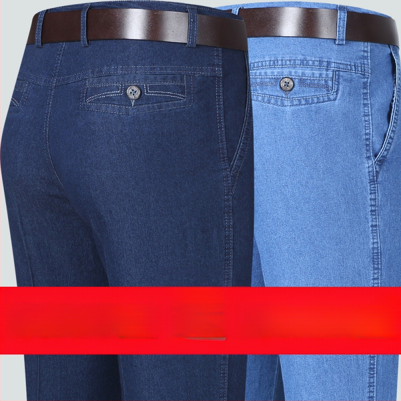 Rudens džinsi vecākiem vīriešiem, brīvs taisnais piegriezums, augsta josta, fleece odere, elastīgs materiāls