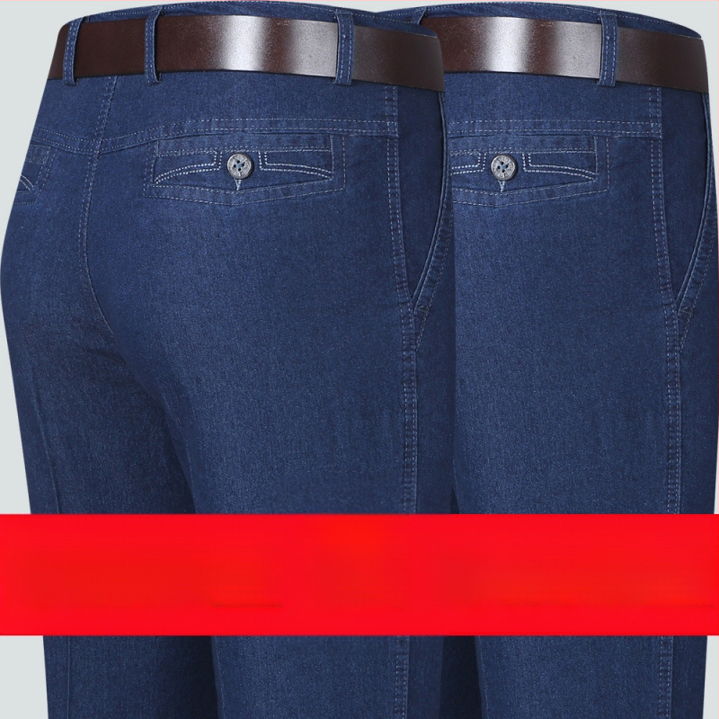 Rudens džinsi vecākiem vīriešiem, brīvs taisnais piegriezums, augsta josta, fleece odere, elastīgs materiāls