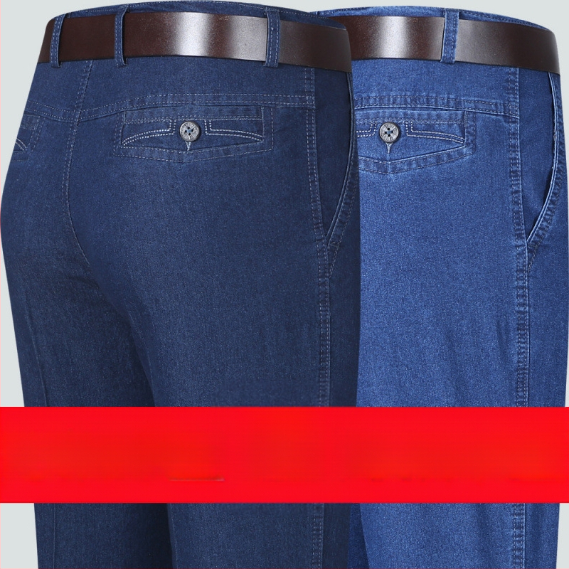 Rudens džinsi vecākiem vīriešiem, brīvs taisnais piegriezums, augsta josta, fleece odere, elastīgs materiāls