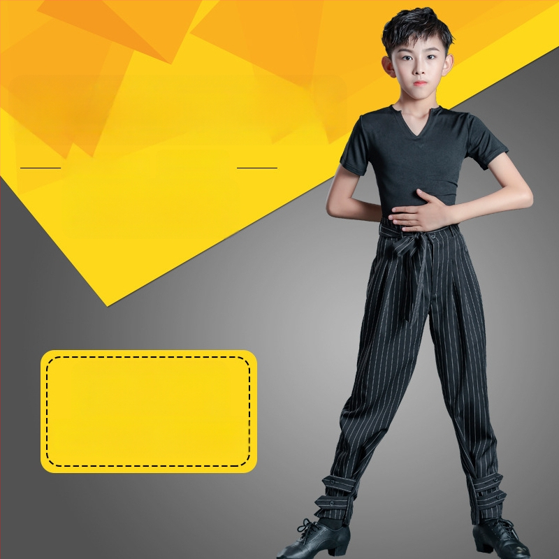 Berniškas latino šokių pasirodymo komplektas su dryžių kelnėmis, vaikams skirtas treniruočių šokių apranga latino, Milk Silk audinys, poliesteris 50% + pamušalas 50%