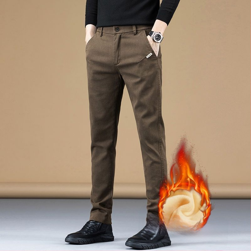 Vyriškos kelnes verslo-kasdieniams stiliui su fliso pamušalu, tiesinis kirpimas, poliesteris, vidinis juosmens aukštis, užtrauktukas