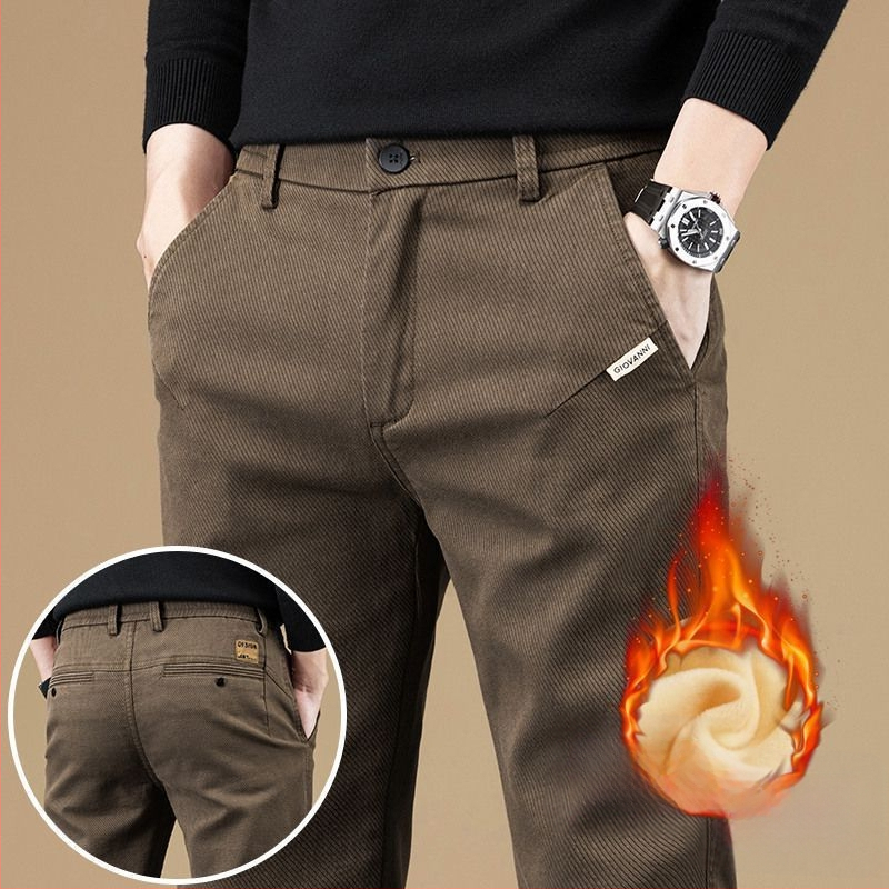 Vyriškos kelnes verslo-kasdieniams stiliui su fliso pamušalu, tiesinis kirpimas, poliesteris, vidinis juosmens aukštis, užtrauktukas