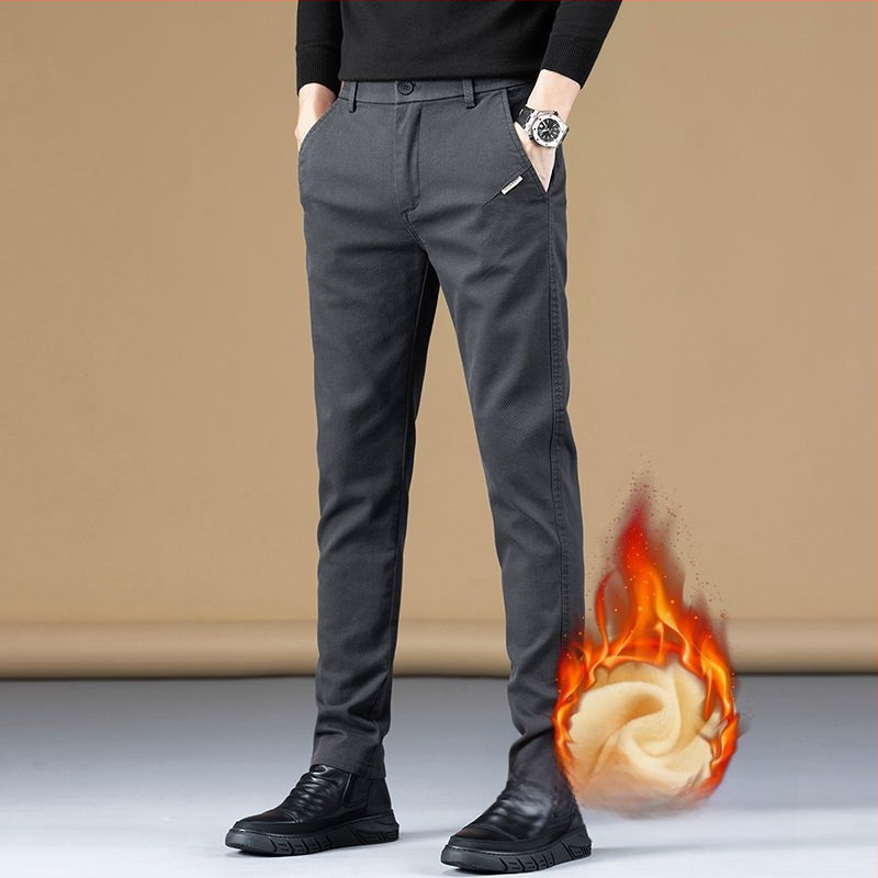 Vyriškos kelnes verslo-kasdieniams stiliui su fliso pamušalu, tiesinis kirpimas, poliesteris, vidinis juosmens aukštis, užtrauktukas