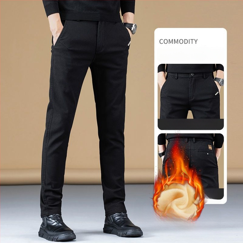 Vyriškos kelnes verslo-kasdieniams stiliui su fliso pamušalu, tiesinis kirpimas, poliesteris, vidinis juosmens aukštis, užtrauktukas