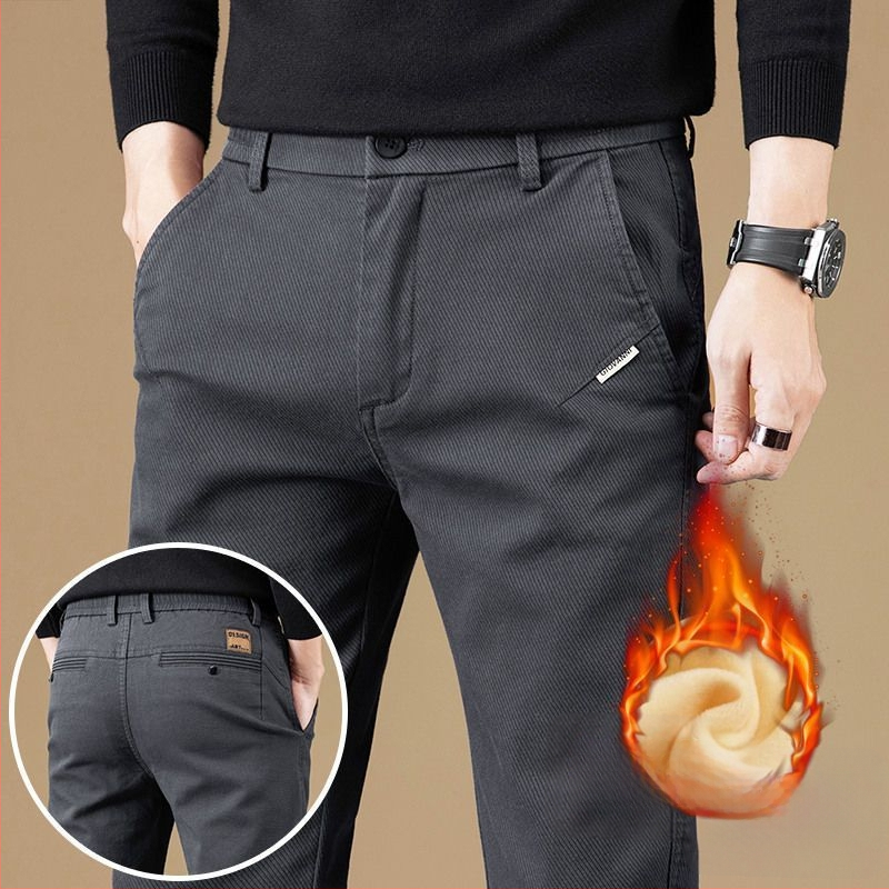 Vyriškos kelnes verslo-kasdieniams stiliui su fliso pamušalu, tiesinis kirpimas, poliesteris, vidinis juosmens aukštis, užtrauktukas