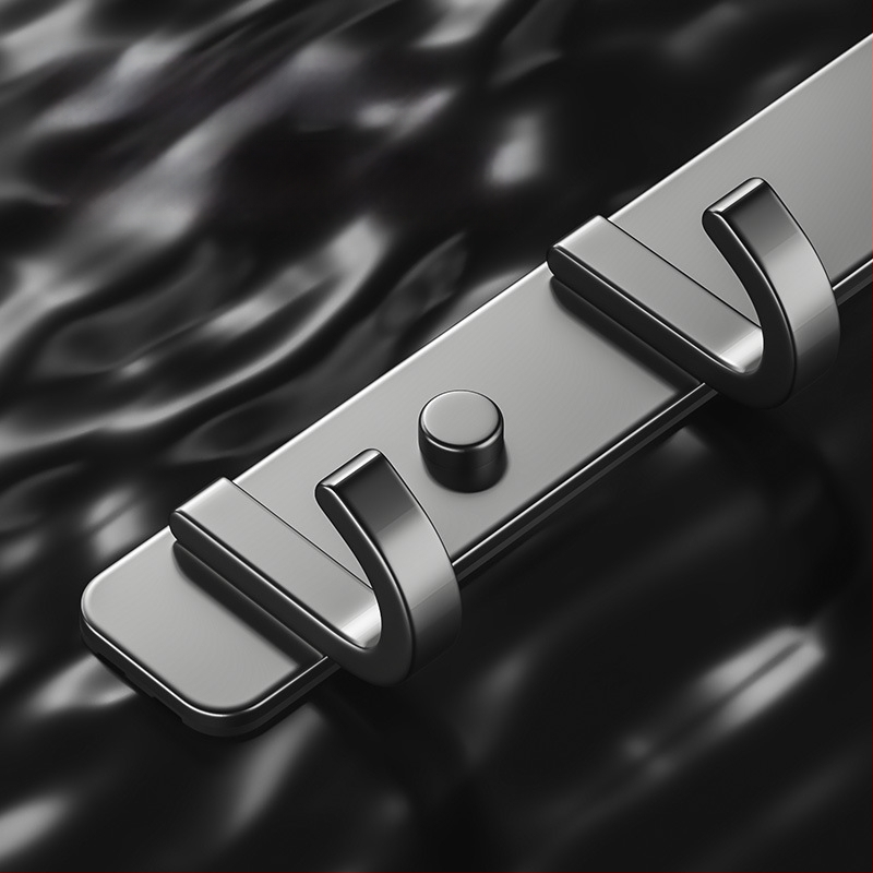 Sieninis lipnus kabykla iš kosminio aliuminio, kelių eilių kabliukų, be gręžimo, apkrova 5–10 kg, šiuolaikinis minimalistinis dizainas.