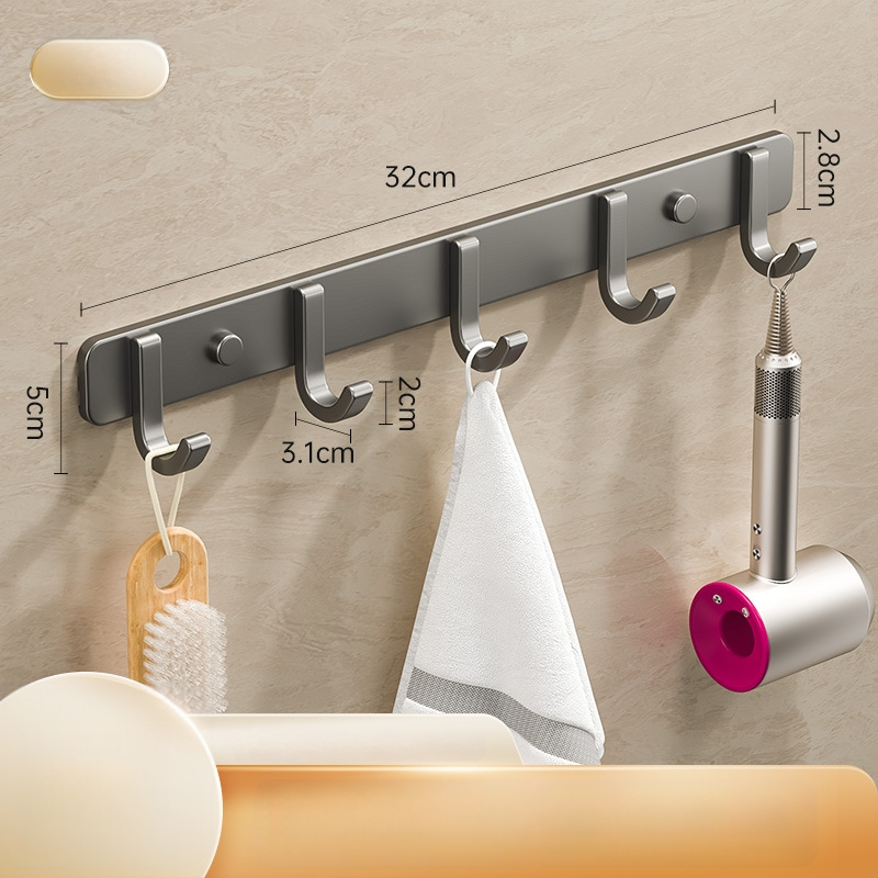 Sieninis lipnus kabykla iš kosminio aliuminio, kelių eilių kabliukų, be gręžimo, apkrova 5–10 kg, šiuolaikinis minimalistinis dizainas.