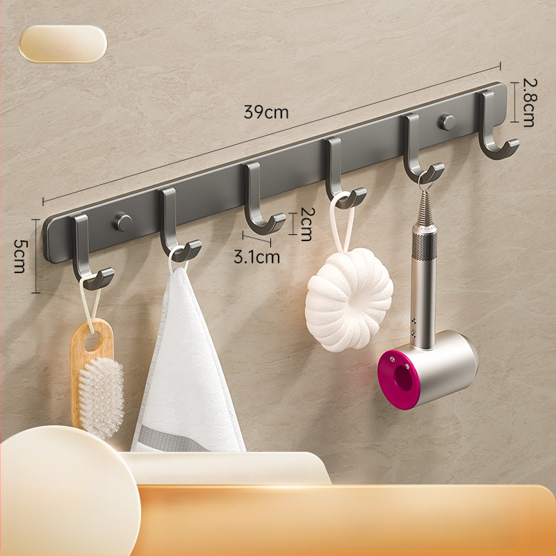 Sieninis lipnus kabykla iš kosminio aliuminio, kelių eilių kabliukų, be gręžimo, apkrova 5–10 kg, šiuolaikinis minimalistinis dizainas.