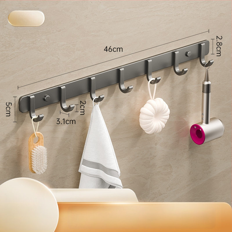 Sieninis lipnus kabykla iš kosminio aliuminio, kelių eilių kabliukų, be gręžimo, apkrova 5–10 kg, šiuolaikinis minimalistinis dizainas.