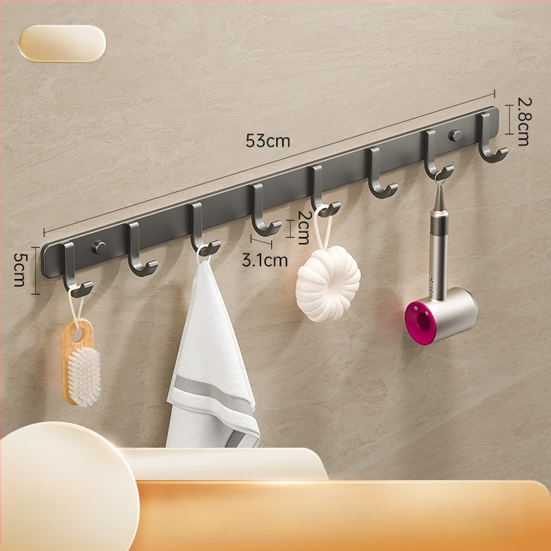 Sieninis lipnus kabykla iš kosminio aliuminio, kelių eilių kabliukų, be gręžimo, apkrova 5–10 kg, šiuolaikinis minimalistinis dizainas.