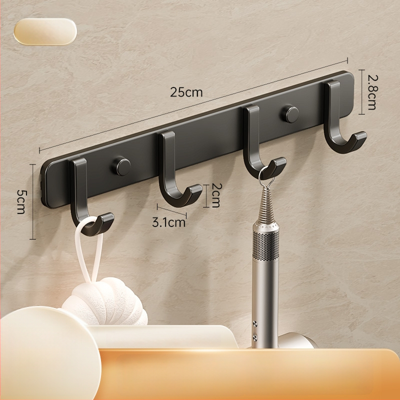 Sieninis lipnus kabykla iš kosminio aliuminio, kelių eilių kabliukų, be gręžimo, apkrova 5–10 kg, šiuolaikinis minimalistinis dizainas.