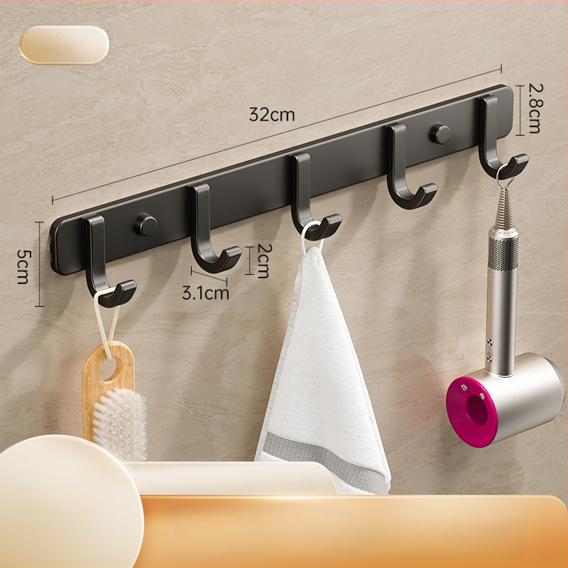 Sieninis lipnus kabykla iš kosminio aliuminio, kelių eilių kabliukų, be gręžimo, apkrova 5–10 kg, šiuolaikinis minimalistinis dizainas.