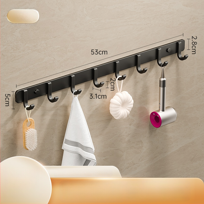 Sieninis lipnus kabykla iš kosminio aliuminio, kelių eilių kabliukų, be gręžimo, apkrova 5–10 kg, šiuolaikinis minimalistinis dizainas.