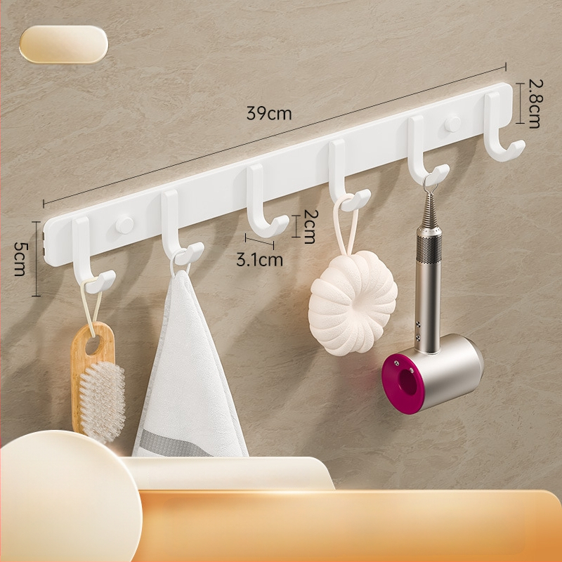 Sieninis lipnus kabykla iš kosminio aliuminio, kelių eilių kabliukų, be gręžimo, apkrova 5–10 kg, šiuolaikinis minimalistinis dizainas.