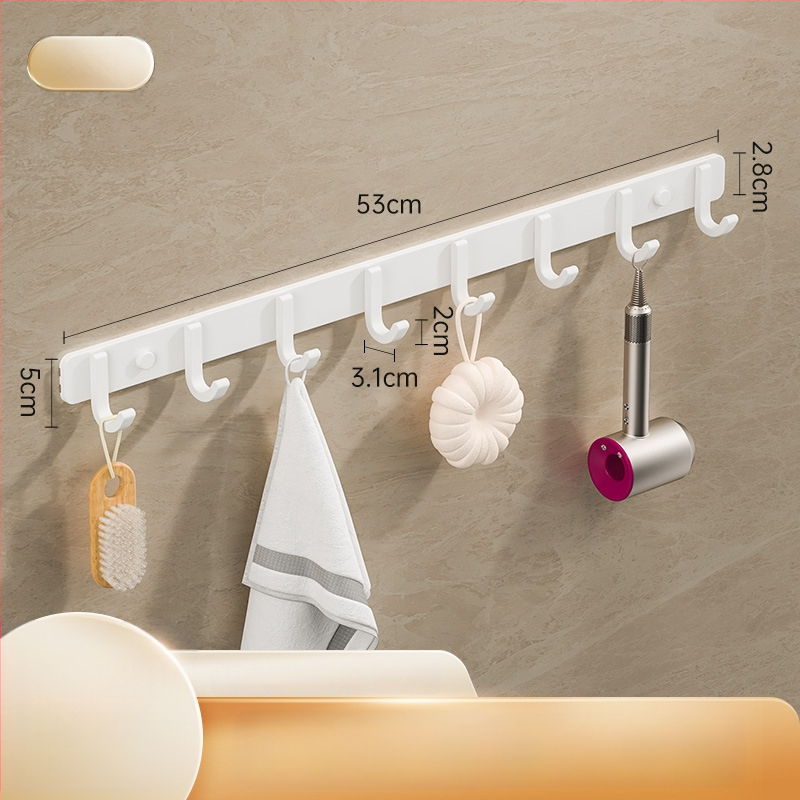 Sieninis lipnus kabykla iš kosminio aliuminio, kelių eilių kabliukų, be gręžimo, apkrova 5–10 kg, šiuolaikinis minimalistinis dizainas.