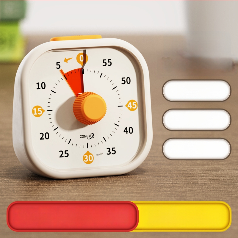 Csendes vizuális időzítő gyerekeknek — mechanikus működés, kerek műanyag ház, elemes működés, mutató kijelző