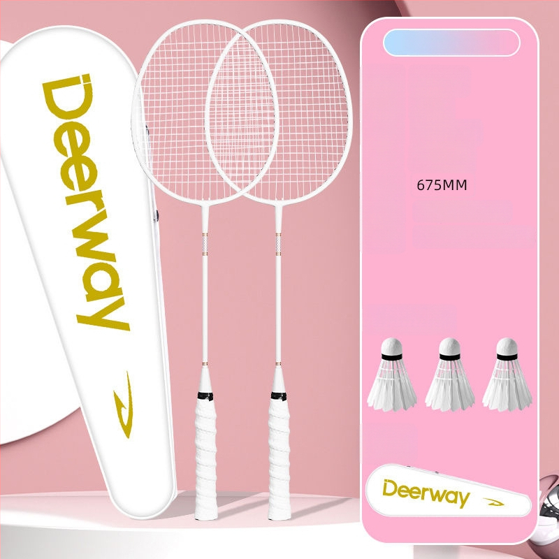 Delhui badminton raketės rinkinys – 2 raketės, svoris 75–79 g, rėmo medžiaga geležies lydinys, rankenos storis G4, tiesi raketė, įtraukta 3 kamuoliukai