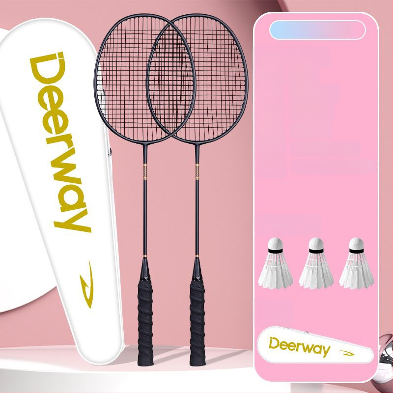 Delhui badminton raketės rinkinys – 2 raketės, svoris 75–79 g, rėmo medžiaga geležies lydinys, rankenos storis G4, tiesi raketė, įtraukta 3 kamuoliukai