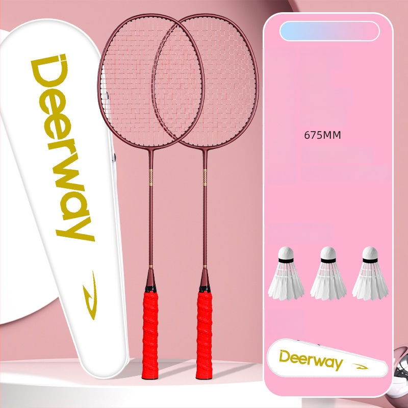 Delhui badminton raketės rinkinys – 2 raketės, svoris 75–79 g, rėmo medžiaga geležies lydinys, rankenos storis G4, tiesi raketė, įtraukta 3 kamuoliukai